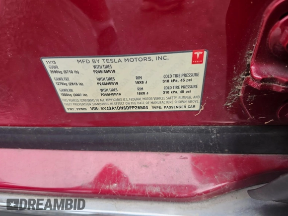 2013 Tesla Model S с VIN 5YJSA1DN6DFP26504, выставлен на аукционе IAAI как лот 41703859 с пробегом 135 552 миль миль и . История ставок и продаж доступна на DreamBid. Изображение 9.