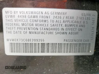 2008 Volkswagen Passat Lux with VIN WVWEK73C68E209255, listed as a Copart auction lot 57146235 with 195,166 mi miles and Clean title. Bid and sale history available at DreamBid. Image 12.