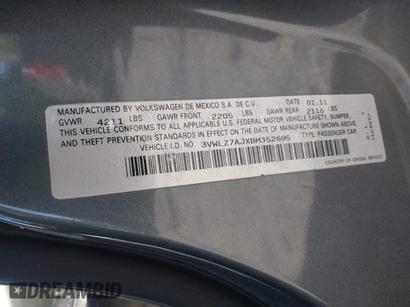 2011 Volkswagen Jetta SEL with VIN 3VWLZ7AJXBM352695, listed as a IAAI auction lot 42325497 with 166,864 mi miles and . Bid and sale history available at DreamBid. Image 9.