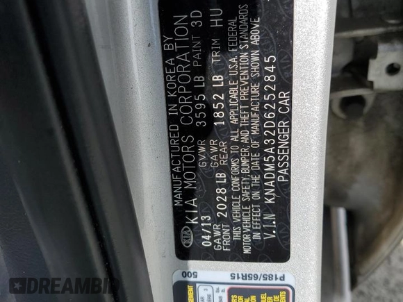 2013 Kia Rio LX with VIN KNADM5A32D6252845, listed as a Copart auction lot 53567595 with 165,806 mi miles and Clean Title. Bid and sale history available at carsss.com. Image 12.