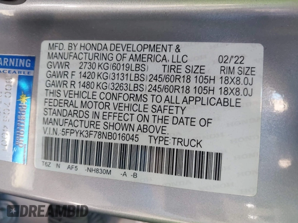 2022 Honda Ridgeline RTL-E with VIN 5FPYK3F78NB016045, listed as a IAAI auction lot 41626864 with 57,130 mi miles and . Bid and sale history available at DreamBid. Image 9.