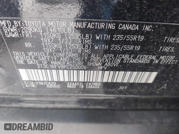 2023 Toyota RAV4 XLE Premium with VIN 2T3C1RFV9PC250006, listed as a IAAI auction lot 42298396 with 17,309 mi miles and . Bid and sale history available at DreamBid. Image 9.