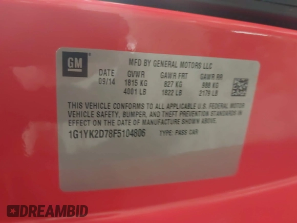 2015 Chevrolet Corvette Z51 2LT with VIN 1G1YK2D78F5104806, listed as a IAAI auction lot 41278311 with 23,412 mi miles and . Bid and sale history available at DreamBid. Image 9.