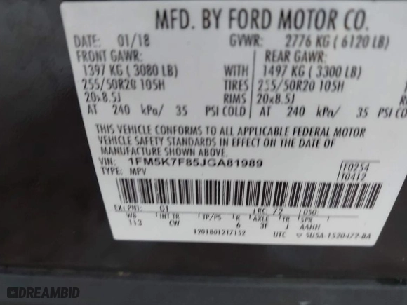 2018 Ford Explorer Limited with VIN 1FM5K7F85JGA81989, listed as a IAAI auction lot 41701095 with 140,343 mi miles. Bid and sale history available at carsss.com. Image 9.