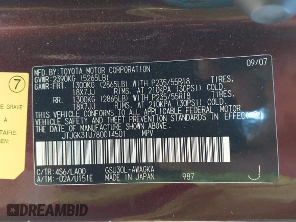 2008 Lexus RX 350 with VIN JTJGK31U780014501, listed as a IAAI auction lot 41841201 with 162,059 mi miles and . Bid and sale history available at DreamBid. Image 9.