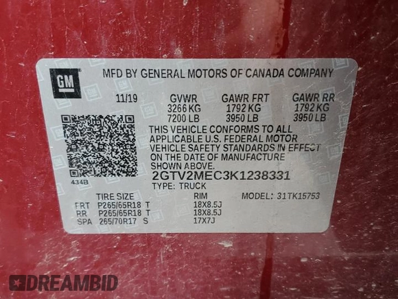 2019 GMC Sierra 1500 SLE z VIN 2GTV2MEC3K1238331, wystawiony jako Copart lot #58162765 z przebiegiem 94 034 mil mil oraz Szkoda całkowita • Salvage title. Historia ofert i sprzedaży dostępna na DreamBid. Obrazek 12.
