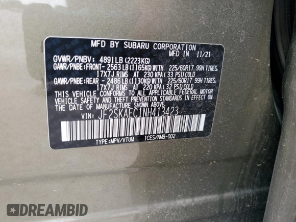 2022 Subaru Forester Premium with VIN JF2SKAEC1NH413423, listed as a Copart auction lot 56375145 with 97,293 mi miles and Clean title. Bid and sale history available at DreamBid. Image 14.