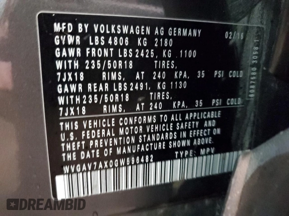 2016 Volkswagen Tiguan SEL with VIN WVGAV7AX0GW596482, listed as a Copart auction lot 50121345 with 104,643 mi miles and Salvage Title. Bid and sale history available at DreamBid. Image 13.