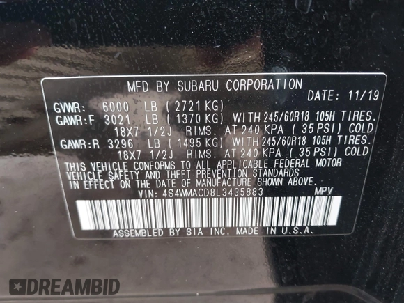 2020 Subaru Ascent Premium with VIN 4S4WMACD8L3435883, listed as a IAAI auction lot 42257408 with 96,987 mi miles and . Bid and sale history available at DreamBid. Image 9.