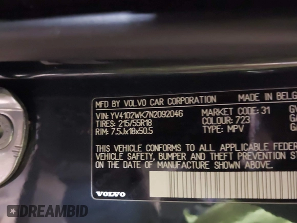 2022 Volvo V60 with VIN YV4102WK7N2092046, listed as a IAAI auction lot 41405128 with 37,785 mi miles and . Bid and sale history available at DreamBid. Image 9.