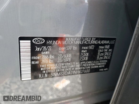 2022 Hyundai Santa Fe SEL with VIN 5NMS3DAJ1NH427600, listed as a Copart auction lot 47763165 with 117,795 mi miles and Salvage Title. Bid and sale history available at carsss.com. Image 13.