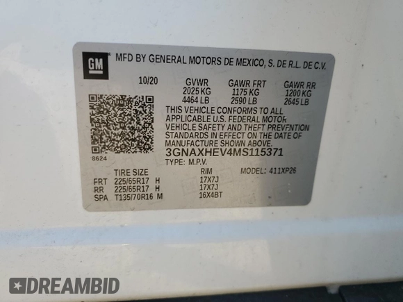 2021 Chevrolet Equinox LS z VIN 3GNAXHEV4MS115371, wystawiony jako Copart lot #48533025 z przebiegiem 72 317 mil mil oraz Szkoda całkowita • Salvage title. Historia ofert i sprzedaży dostępna na DreamBid. Obrazek 15.