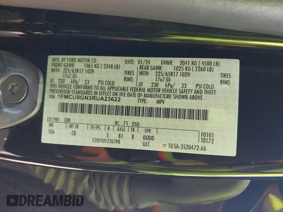 2024 Ford Escape Active with VIN 1FMCU9GN3RUA23622, listed as a IAAI auction lot 42133705 with 29,071 mi miles and . Bid and sale history available at DreamBid. Image 9.