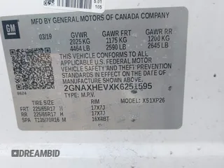 2019 Chevrolet Equinox LS with VIN 2GNAXHEVXK6251595, listed as a IAAI auction lot 41661657 with 120,348 mi miles and . Bid and sale history available at DreamBid. Image 9.