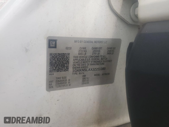 2018 GMC Acadia SLE z VIN 1GKKNSLAXJZ211380, wystawiony jako Copart lot #59950425 z przebiegiem Nie podano mil oraz Szkoda całkowita • Salvage title. Historia ofert i sprzedaży dostępna na DreamBid. Obrazek 13.