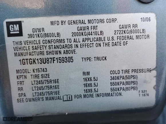 2007 GMC Sierra 1500HD SLE with VIN 1GTGK13U87F159305, listed as a Copart auction lot 76525854 with NaN miles and Salvage Title. Bid and sale history available at carsss.com. Image 12.
