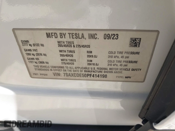 2023 Tesla Model X with VIN 7SAXCDE50PF414198, listed as a IAAI auction lot 41880957 with Not Provided miles and . Bid and sale history available at DreamBid. Image 9.