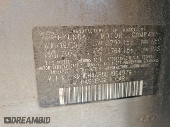 2013 Hyundai Elantra GLS with VIN KMHDH4AE8DU964979, listed as a Copart auction lot 53280055 with 175,977 mi miles and Salvage title. Bid and sale history available at DreamBid. Image 14.