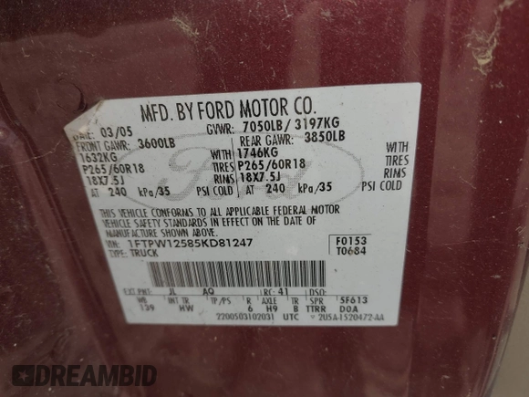 2005 Ford F-150 XLT with VIN 1FTPW12585KD81247, listed as a IAAI auction lot 42217069 with 185,032 mi miles and . Bid and sale history available at DreamBid. Image 9.