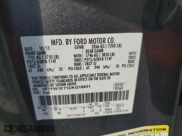 2013 Ford F-150 XL with VIN 1FTFW1ET1DKG19931, listed as a Copart auction lot 51185555 with Not Provided miles and Salvage Title. Bid and sale history available at carsss.com. Image 13.