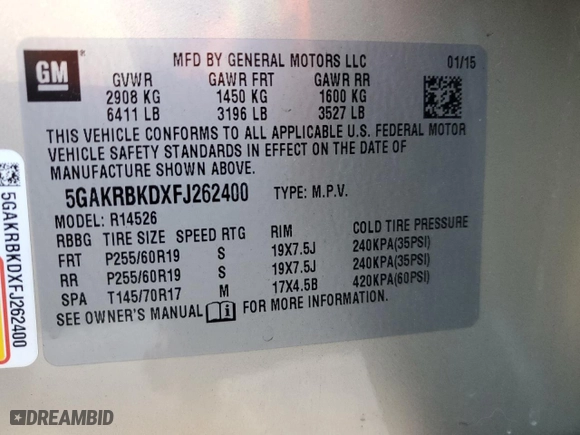 2015 Buick Enclave Leather with VIN 5GAKRBKDXFJ262400, listed as a Copart auction lot 82298634 with 112,159 mi miles and Salvage Title. Bid and sale history available at carsss.com. Image 15.