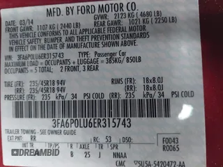 2014 Ford Fusion SE Hybrid with VIN 3FA6P0LU6ER315743, listed as a IAAI auction lot 41212111 with 83,433 mi miles. Bid and sale history available at carsss.com. Image 9.