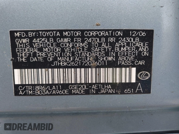 2007 Lexus IS with VIN JTHBK262172036011, listed as a IAAI auction lot 42162189 with 254,151 mi miles. Bid and sale history available at carsss.com. Image 9.