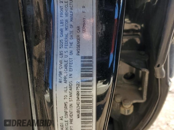 1998 Audi A8 with VIN WAUBG34D3WN007522, listed as a Copart auction lot 45497545 with 174,719 mi miles and Clean title. Bid and sale history available at DreamBid. Image 12.