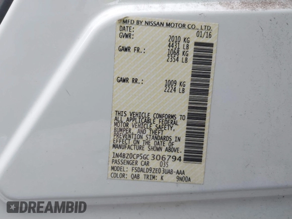 2016 Nissan LEAF SL with VIN 1N4BZ0CP5GC306794, listed as a IAAI auction lot 41120675 with 46,819 mi miles. Bid and sale history available at carsss.com. Image 9.