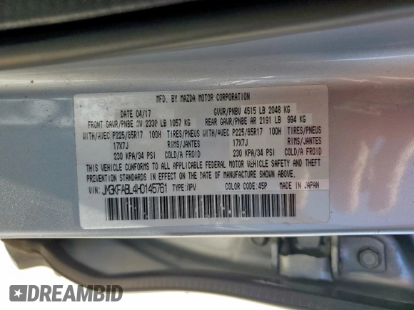 2017 Mazda CX-5 Sport with VIN JM3KFABL4H0145761, listed as a Copart auction lot 49317625 with 117,667 mi miles and Salvage Title. Bid and sale history available at carsss.com. Image 13.