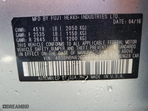 2016 Subaru Legacy 2.5i Limited with VIN 4S3BNBN62G3055769, listed as a Copart auction lot 49803865 with 109514 miles and Salvage Title. Bid and sale history available at carsss.com. Image 12.