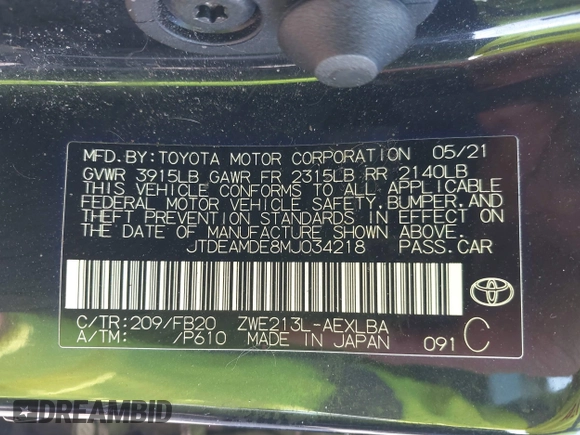 2021 Toyota Corolla Hybrid LE with VIN JTDEAMDE8MJ034218, listed as a IAAI auction lot 41692711 with 65,651 mi miles. Bid and sale history available at carsss.com. Image 9.