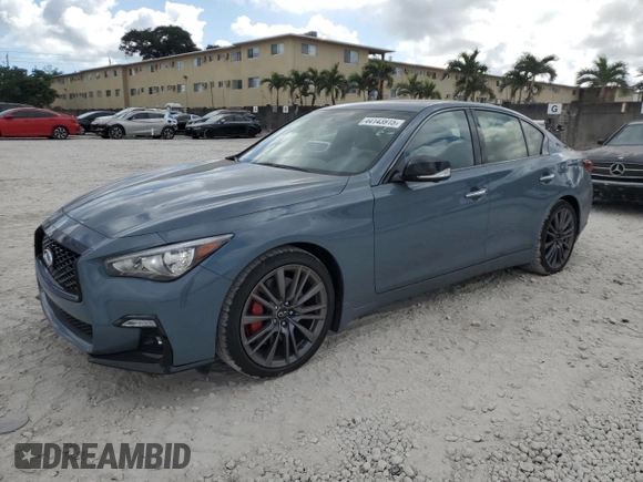 2024 Infiniti Q50 Red Sport 400 with VIN JN1FV7DP0RM660155, listed as a Copart auction lot 44143915 with 5,521 mi miles and Salvage Title. Bid and sale history available at DreamBid. Image 1.