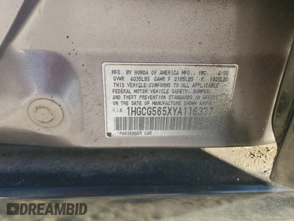 2000 Honda Accord EX z VIN 1HGCG565XYA116337, wystawiony jako Copart lot #47110165 z przebiegiem 255 989 mil mil oraz Szkoda całkowita • Salvage title. Historia ofert i sprzedaży dostępna na DreamBid. Obrazek 12.