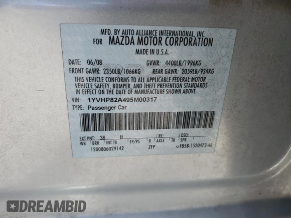 2009 Mazda 6 i Touring with VIN 1YVHP82A495M00317, listed as a Copart auction lot 43137185 with 92,752 mi miles and Salvage Title. Bid and sale history available at carsss.com. Image 14.
