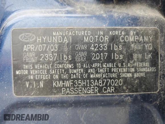 2003 Hyundai Sonata GLS with VIN KMHWF35H13A877020, listed as a Copart auction lot 51671384 with 345,775 mi miles and Salvage Title. Bid and sale history available at carsss.com. Image 12.