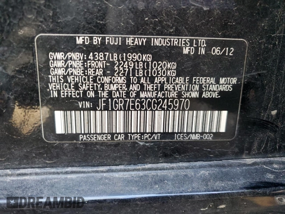 2012 Subaru WRX WRX Limited with VIN JF1GR7E63CG245970, listed as a Copart auction lot 83521964 with 154,612 mi miles and Salvage title. Bid and sale history available at DreamBid. Image 12.