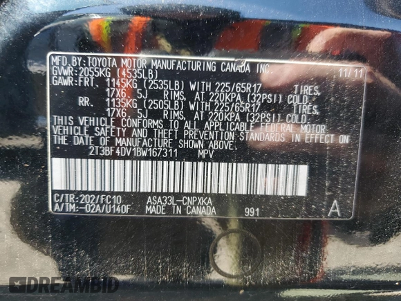 2011 Toyota RAV4 with VIN 2T3BF4DV1BW167311, listed as a Copart auction lot 52251805 with 189,610 mi miles and Clean Title. Bid and sale history available at DreamBid. Image 13.