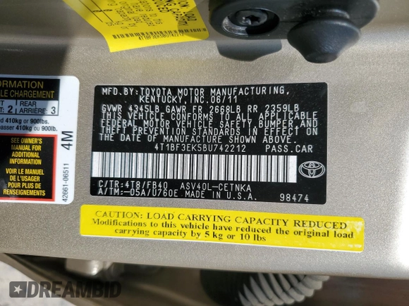 2011 Toyota Camry LE with VIN 4T1BF3EK5BU742212, listed as a Copart auction lot 52499535 with 101,044 mi miles and Salvage Title. Bid and sale history available at DreamBid. Image 12.