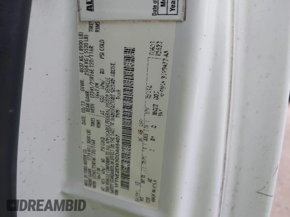 2013 Ford Econoline Cargo Commercial with VIN 1FTNE2EW3DDA65407, listed as a IAAI auction lot 42032437 with 343,429 mi miles and . Bid and sale history available at DreamBid. Image 9.