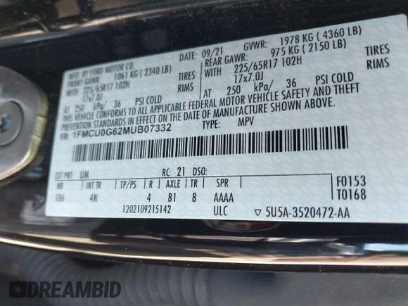 2021 Ford Escape SE with VIN 1FMCU0G62MUB07332, listed as a IAAI auction lot 41452692 with 56,663 mi miles and . Bid and sale history available at carsss.com. Image 9.
