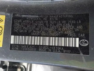 2016 Lexus ES 350 with VIN 58ABK1GG6GU006081, listed as a IAAI auction lot 41921222 with 198,668 mi miles. Bid and sale history available at carsss.com. Image 9.