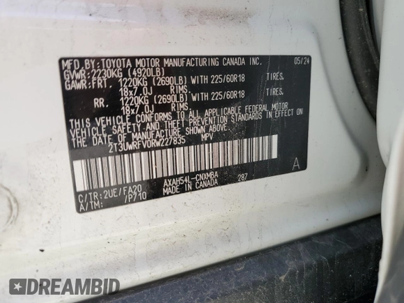 2024 Toyota RAV4 Hybrid LE with VIN 2T3UWRFV0RW227835, listed as a Copart auction lot 56447565 with 19,157 mi miles and Salvage title. Bid and sale history available at DreamBid. Image 14.