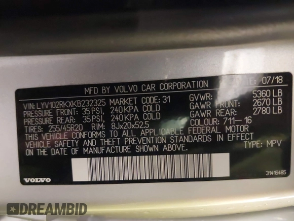 2019 Volvo XC60 Momentum с VIN LYV102RKXKB232325, выставлен на аукционе IAAI как лот 41486123 с пробегом 55 213 миль миль и . История ставок и продаж доступна на DreamBid. Изображение 9.