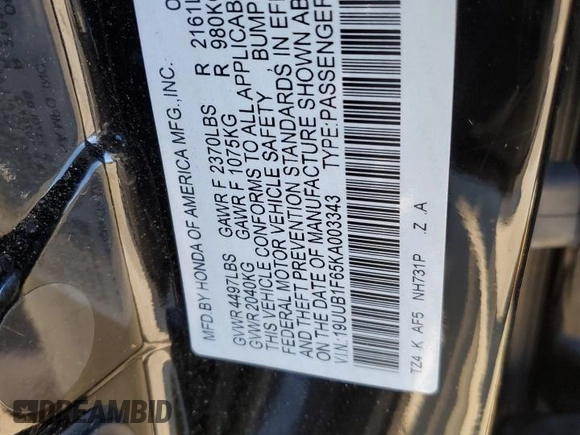 2019 Acura TLX w/A-Spec Pkg with VIN 19UUB1F65KA003343, listed as a Copart auction lot 87400384 with 0 mi miles and Salvage Title. Bid and sale history available at carsss.com. Image 15.