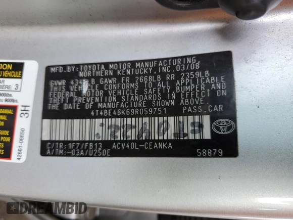 2009 Toyota Camry with VIN 4T4BE46K69R059751, listed as a Copart auction lot 54791865 with 161,315 mi miles and Salvage Title. Bid and sale history available at DreamBid. Image 13.