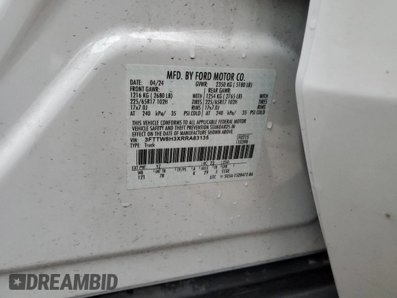 2024 Ford Maverick XLT with VIN 3FTTW8H3XRRA83135, listed as a Copart auction lot 85706384 with 5,218 mi miles and Salvage title. Bid and sale history available at DreamBid. Image 14.