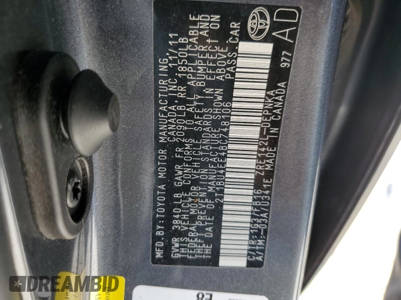 2011 Toyota Corolla L with VIN 2T1BU4EE4BC748106, listed as a Copart auction lot 51439955 with 133,188 mi miles and Salvage Title. Bid and sale history available at carsss.com. Image 12.
