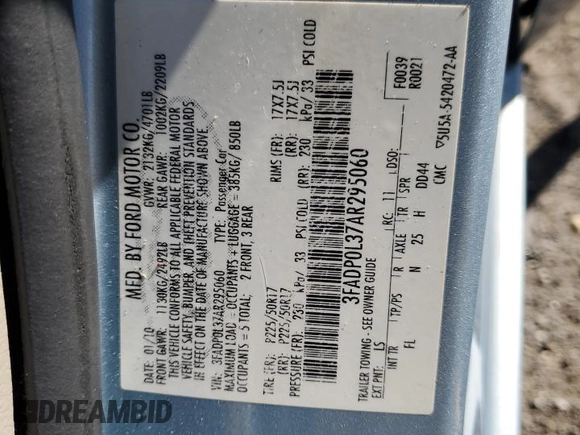 2010 Ford Fusion Hybrid with VIN 3FADP0L37AR295060, listed as a Copart auction lot 49362665 with 240,086 mi miles and Salvage Title. Bid and sale history available at carsss.com. Image 14.