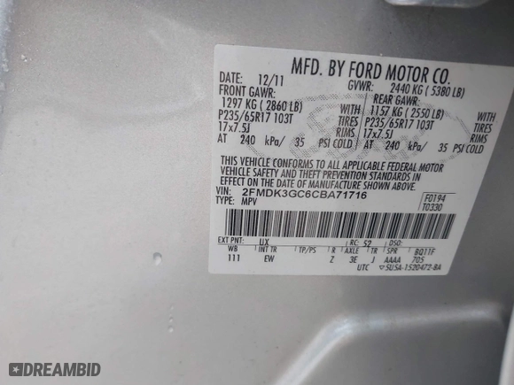 2012 Ford Edge SE with VIN 2FMDK3GC6CBA71716, listed as a IAAI auction lot 41722603 with 150,013 mi miles. Bid and sale history available at carsss.com. Image 9.